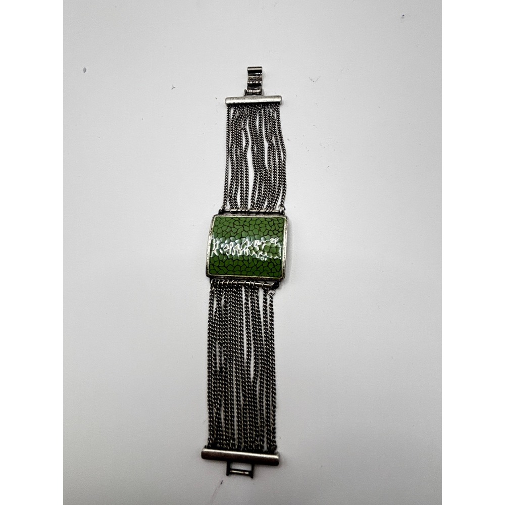 Unbranded Multi Strand Chain Bracelet Womens 7" Green Enamel Mosaic Cuff Silver